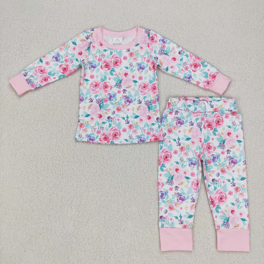 GLP0742 Baby Girl Long Sleeves Floral Pants Flower Pajamas Outfit