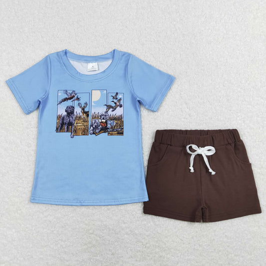 BSSO0488 Baby Boy Short Sleeves Ducks Dogs Shirt Pocket Shorts Summer Hunting Set