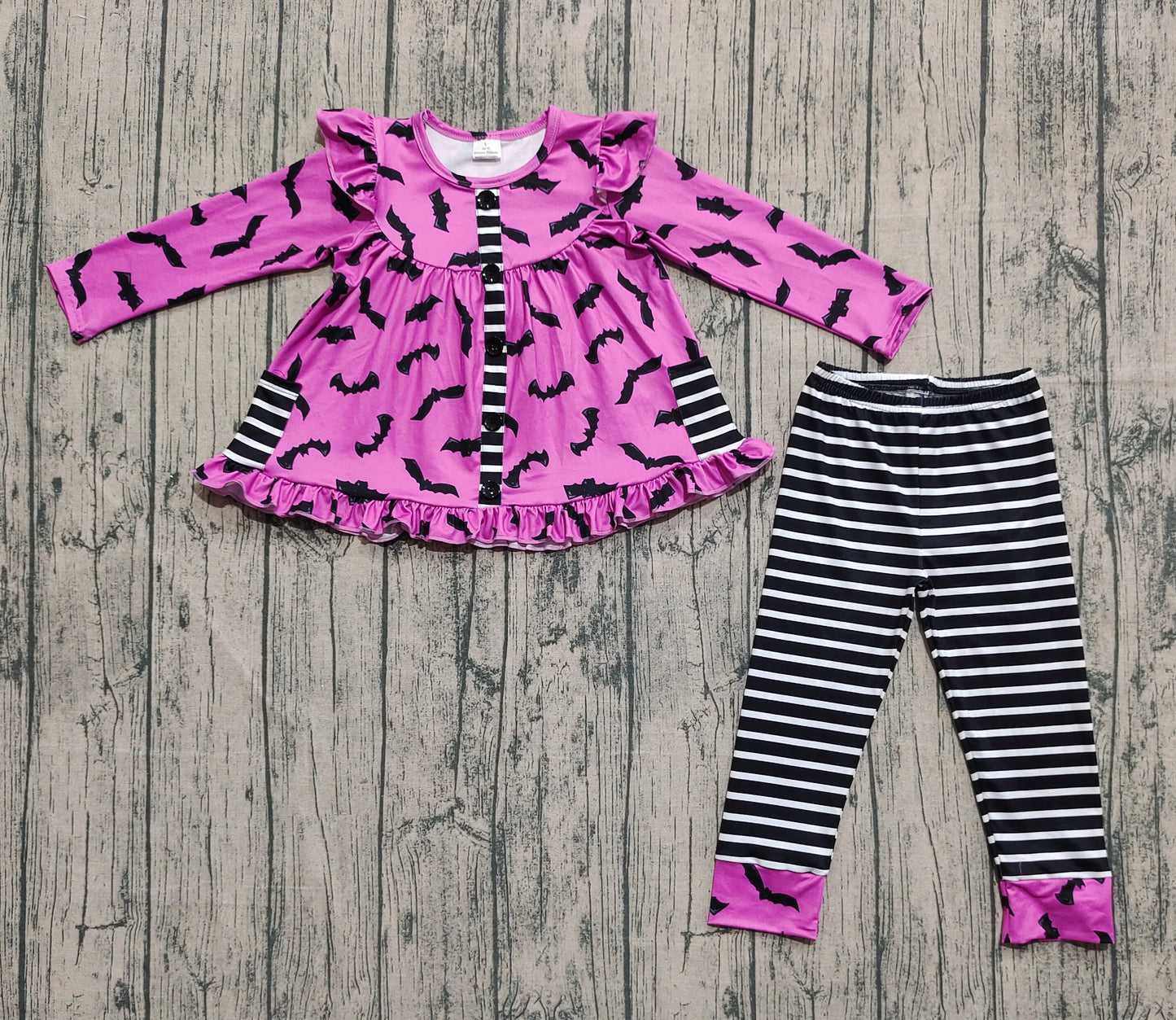 Baby Girl Long Sleeves Bats Pockets Tunic Stripes Pants Halloween Set RTS