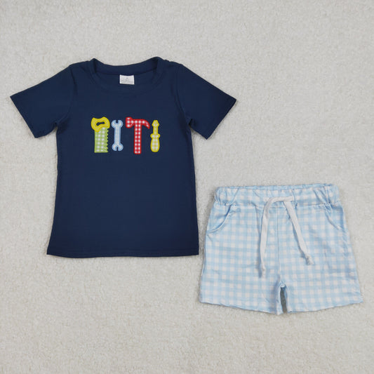 Baby Boy Short Sleeves Embroidery Tools Shirt Plaid Pocket Shorts Clothes Set RTS