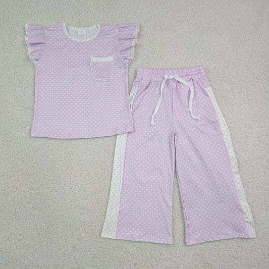 Baby Girl Kids Short Sleeves Pocket Shirt Dots Pants Lavender Set Clothes RTS