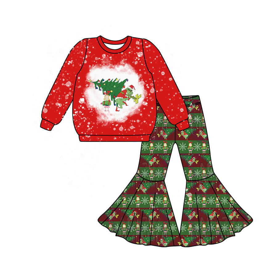 Baby Girl Christmas Tree Face Red Tops Bell Pants Set