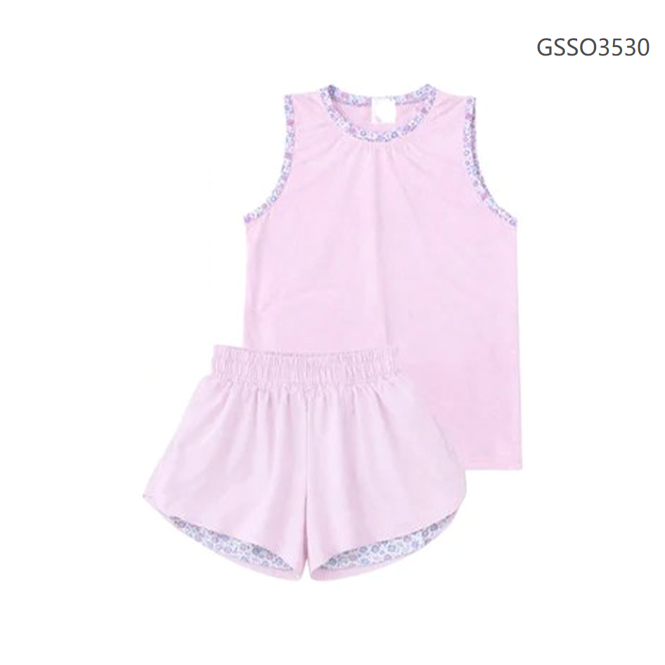 ( Moq 5 ) Preorder Baby Girls Kids Sleeveless Pink Tops Ruffle Shorts Set Yoga Active Clothes