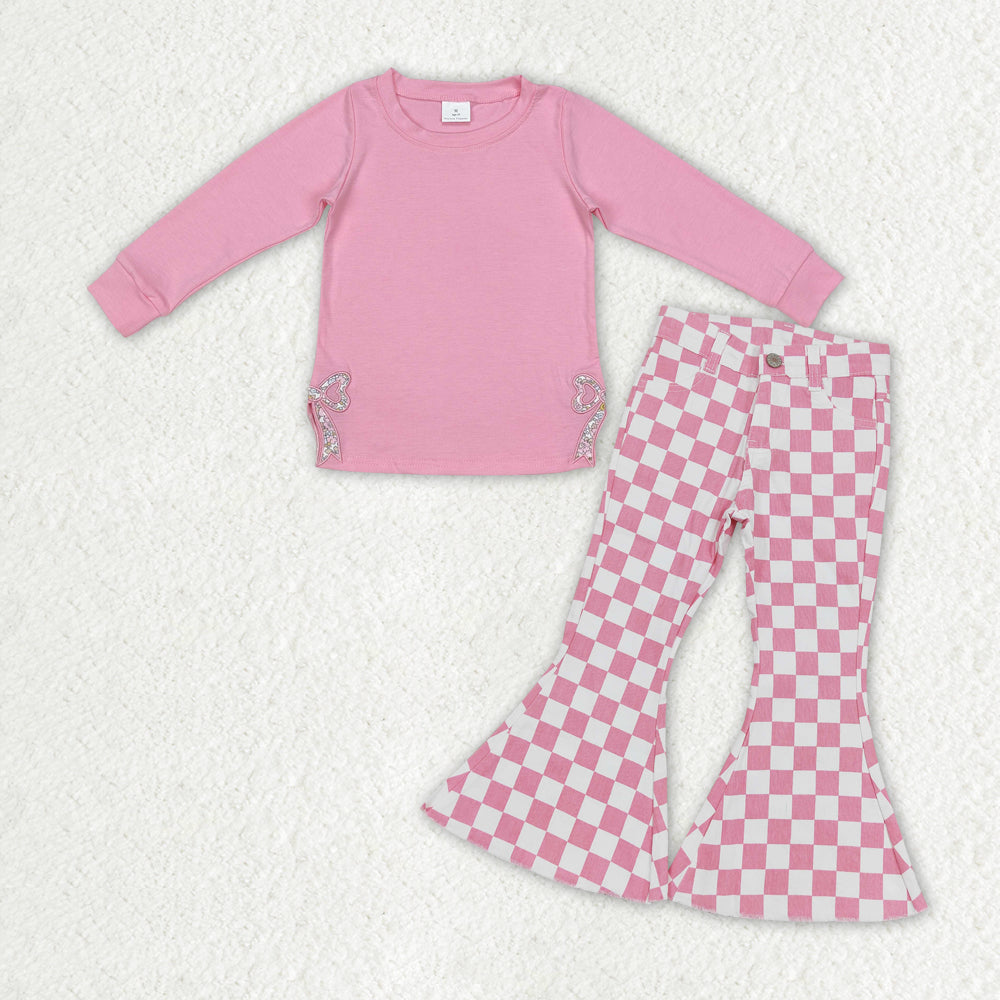 Baby Girl Long Sleeves Embroidery Bows Shirt Pink Checkered Jeans Denim Pants Clothes Set