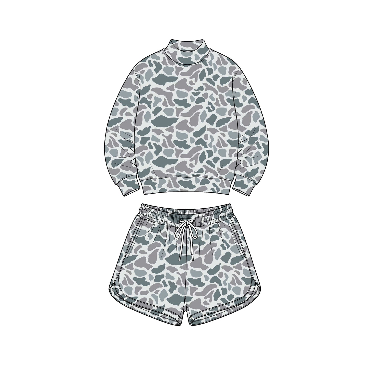 ( No moq ) Preorder Adult Women Long Sleeves Grey Camo Shirt Pockets Shorts Yoga Active Set Clothes
