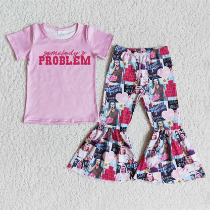Promotion Baby Girl Pink Short Sleeves Shirt Singer Bell Pants Music Set