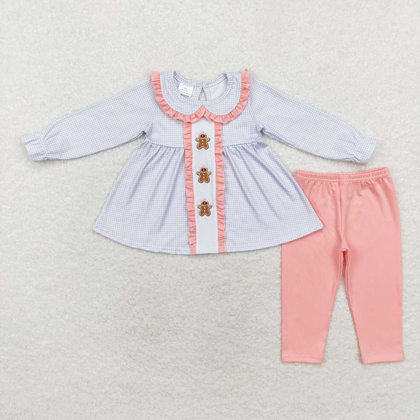 Baby Girl Long Sleeves Embroidery Gingerbread Tunic Pink Cotton Pants Christmas Set