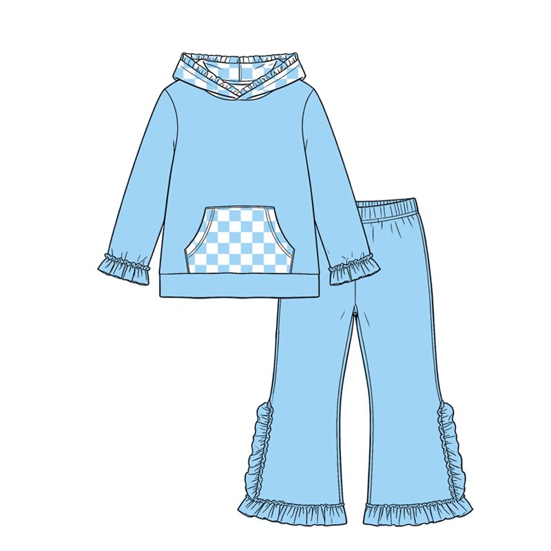 ( Moq 5 ) Preorder Baby Girls Kids Checked Pocket Hoodie Shirt Pants Blue Set Cotton Clothes