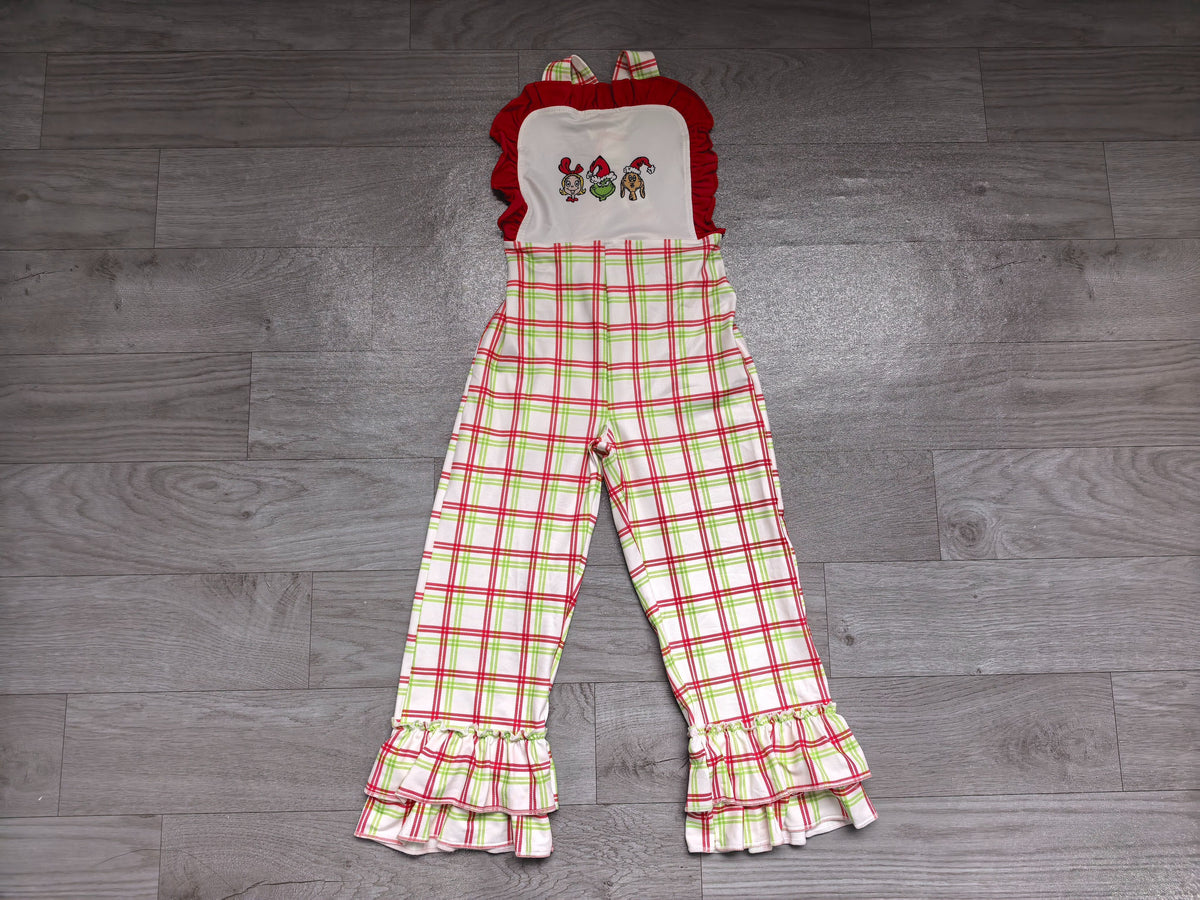 ( No moq ) Preorder Baby Girl Kids Christmas Green Face Plaid Ruffle Pants Jumpsuit Clothes