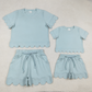Sibling Baby Girls Adult Women Short Sleeves Blue Cotton Shirts Shorts Scallop Sets Summer Clothes RTS