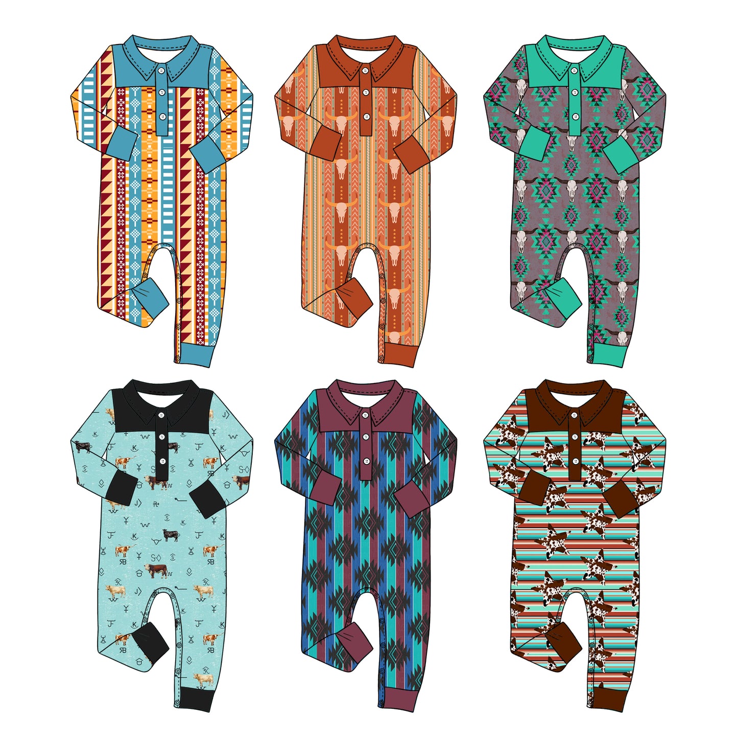 ( Moq 5 Each Style ) Sibling Baby Boys Infant Long Sleeves Western Cow Aztec Rompers Clothes