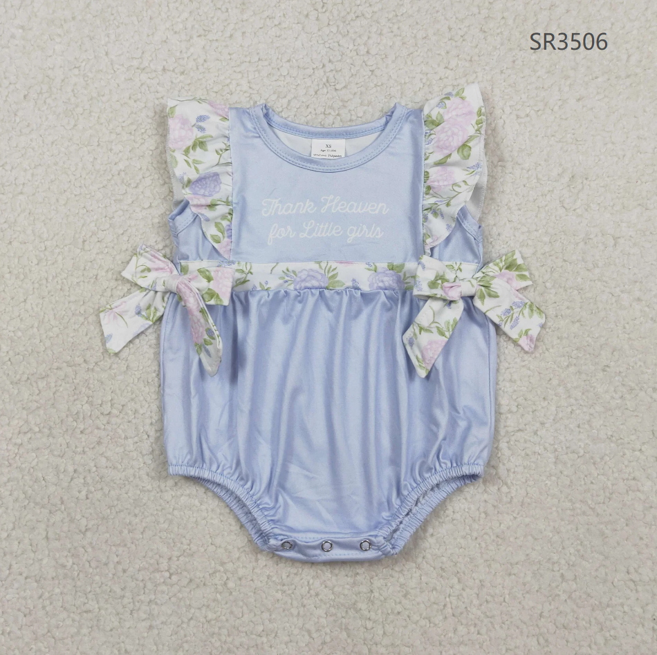 Sibling Baby Girls Kids Thank Heaven Bows Blue Tunic Floral Shorts Set Romper Clothes RTS