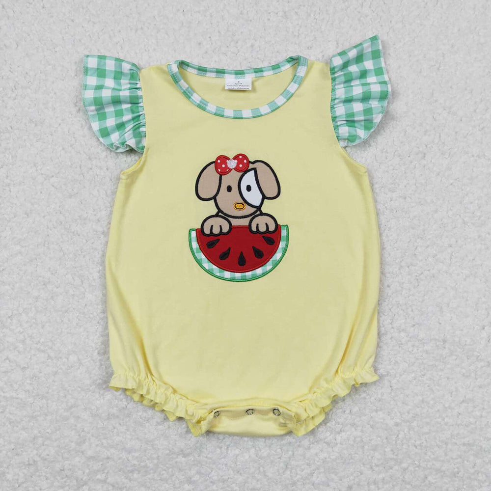 Baby Boy Girl Embroidery Dog Watermelon Sibling Yellow Romper Set