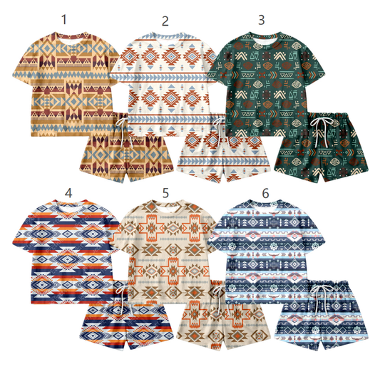 ( Moq 5 Each Style ) Sibling Baby Boys Kids Short Sleeves Western Aztec Shirt Shorts Sets Summer Clothes