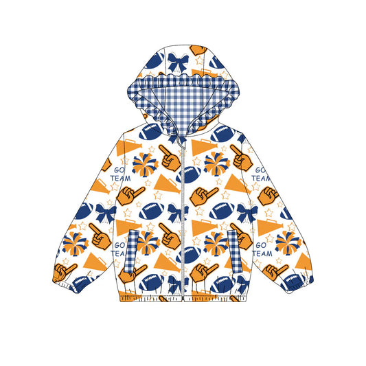 ( Moq 5 ) Baby Girls Kids Bows Cheer Pockets Blue Plaid Hoodie Zipper Football Jacket Tops