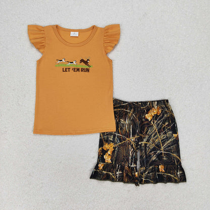 Baby Boy Girl Embroidery Dog Hunting Deer Sibling Camo Shorts Set