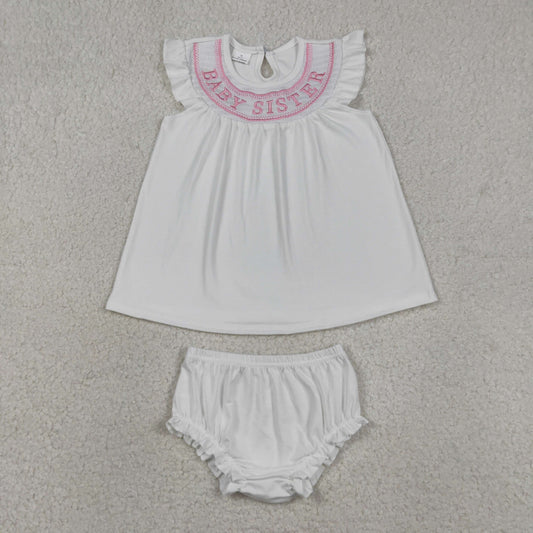 Baby Girls Short Sleeves Embroidery Smocked Baby Sister Tops Bummie Shorts White Set RTS