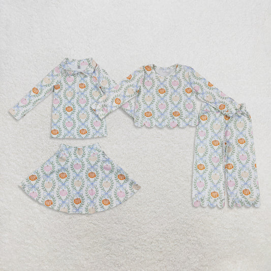 Sibling Baby Girls Kids Long Sleeves Pumpkins Bows Tops Skort Pants Sets Fall Clothes RTS