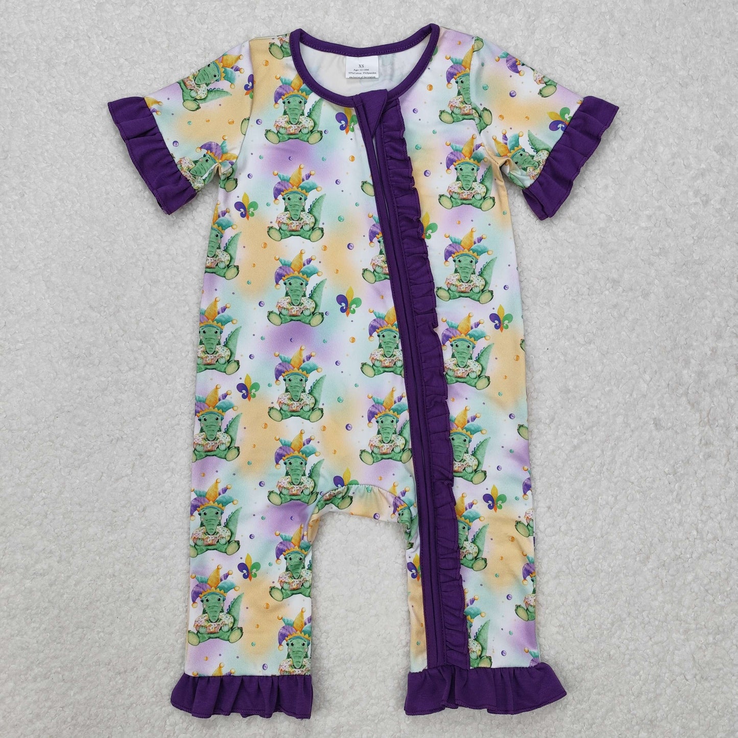 RTS Baby Girl Infant Short Sleeves Mardi Gras Zipper Romper