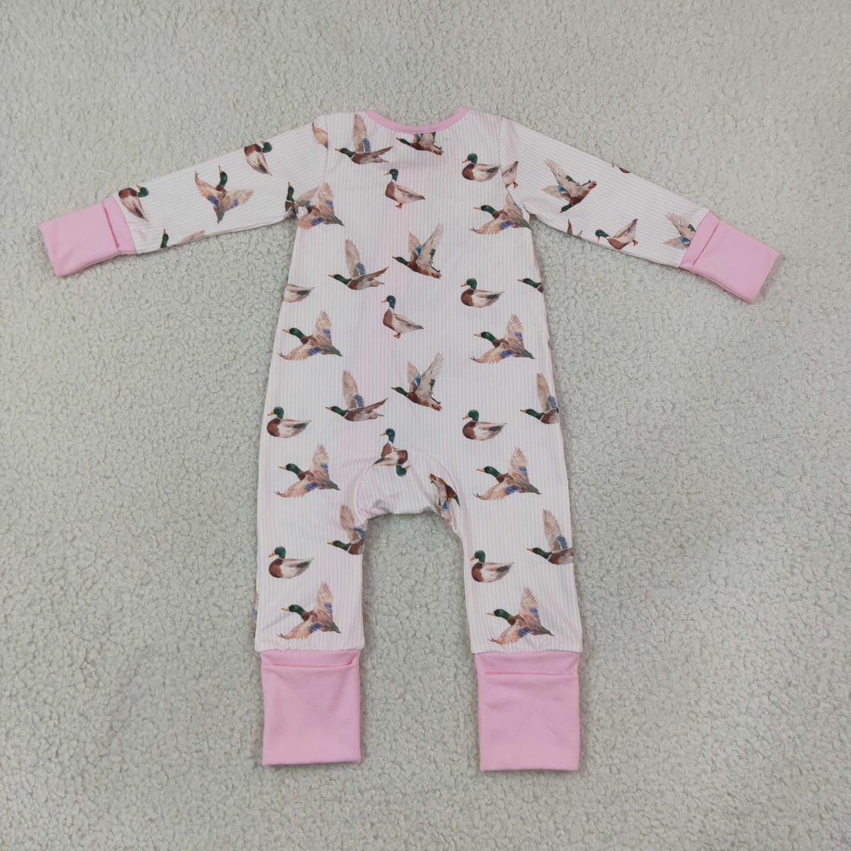 Baby Kids Infant Long Sleeves Ducks Pink Stripes Zipper Footie Sleeper Romper Clothes RTS