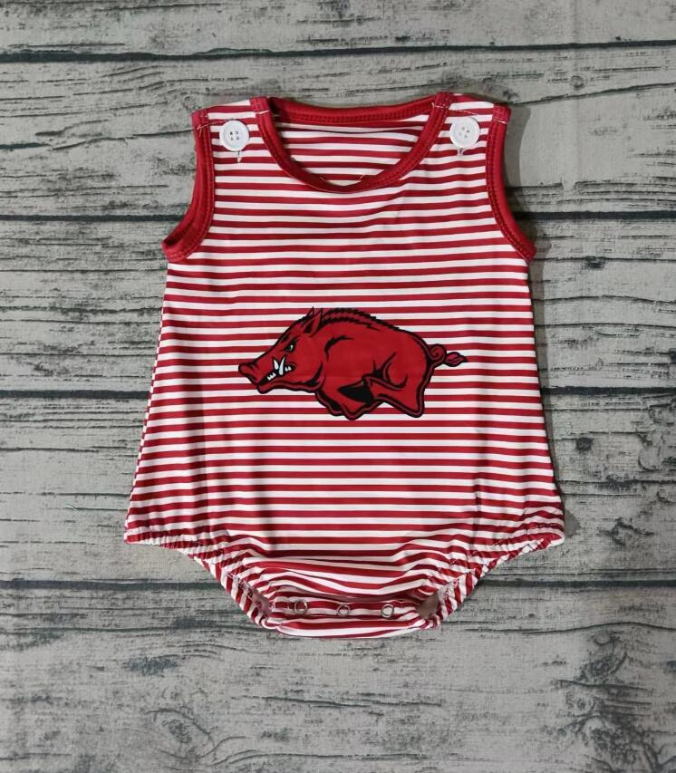 Moq 5 Baby Boy Sleeveless Pig Red Stripes One piece Summer Team Romper