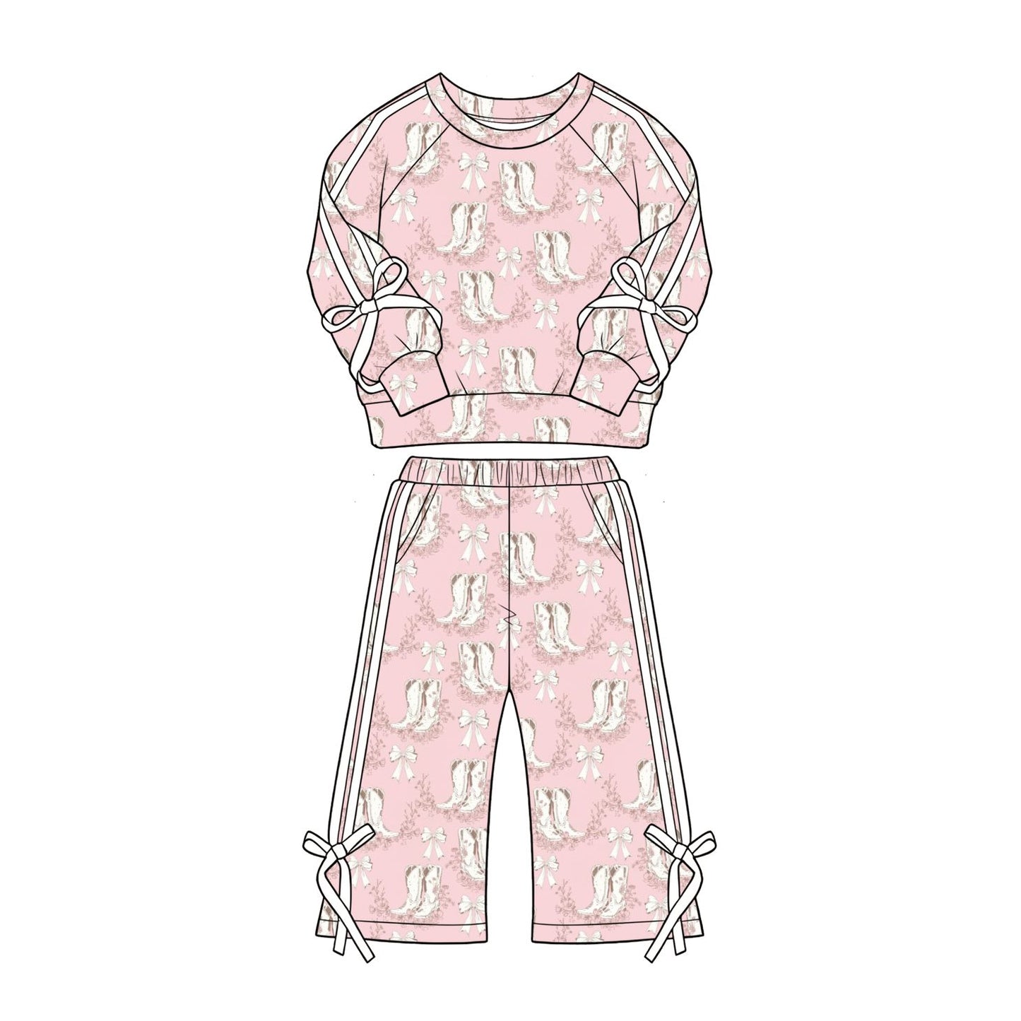 ( Moq 5 ) Preorder Baby Girls Kids Long Sleeves Boots Bows Flower Shirt Pockets Pants Set Clothes