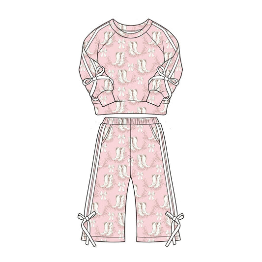 ( Moq 5 ) Preorder Baby Girls Kids Long Sleeves Boots Bows Flower Shirt Pockets Pants Set Clothes