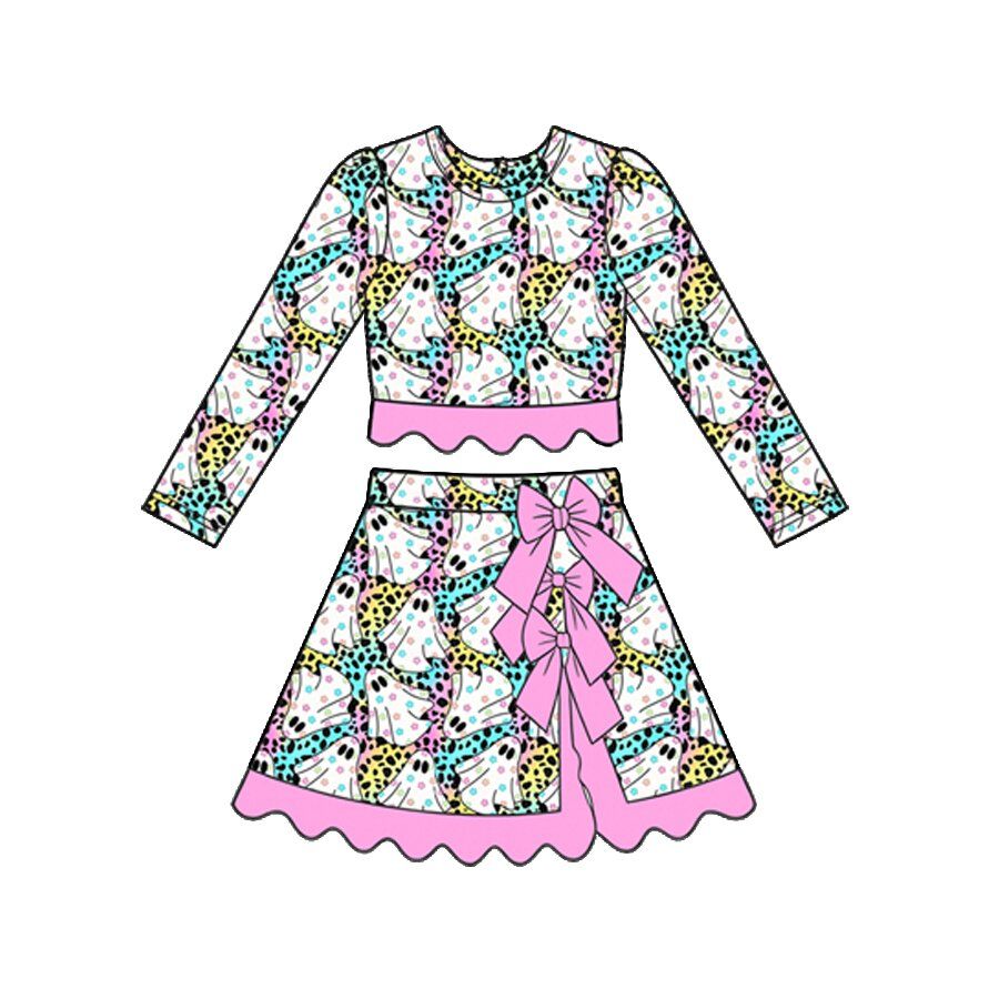 ( Moq 5 ) Preorder Baby Girls Kids Ghosts Dots Shirt Bows Skirt Shorts Halloween Set Yoga Active Clothes