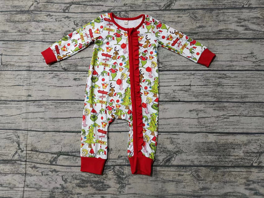 Baby Girl Long Sleeves Christmas Frog Ruffle Zipper Romper