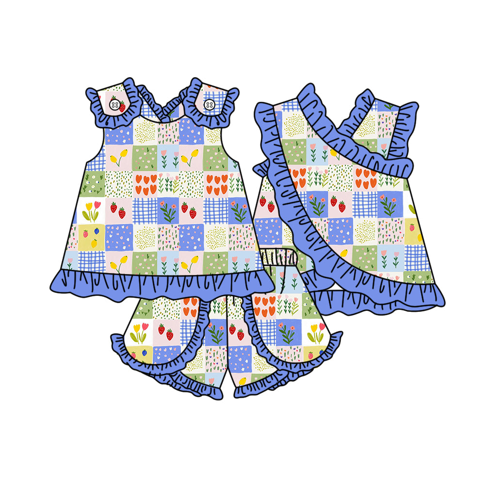 ( Moq 5 ) Preorder Baby Girl Kids Strawberry Flower Plaid Tops Shorts Set Summer Clothes