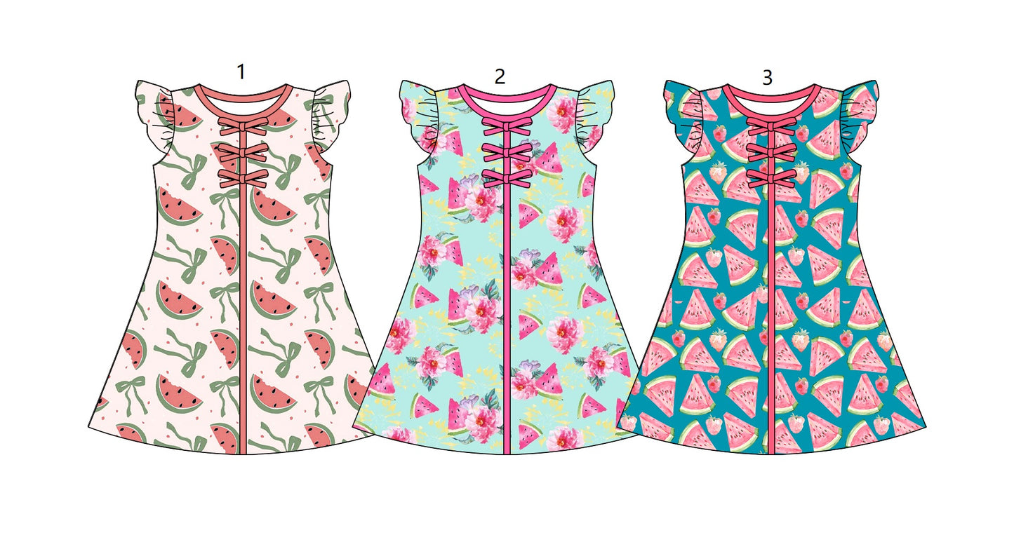 ( Moq 5 Each Style ) Sibling Baby Girls Kids Short Sleeves Watermelon Bows Knee Length Dresses