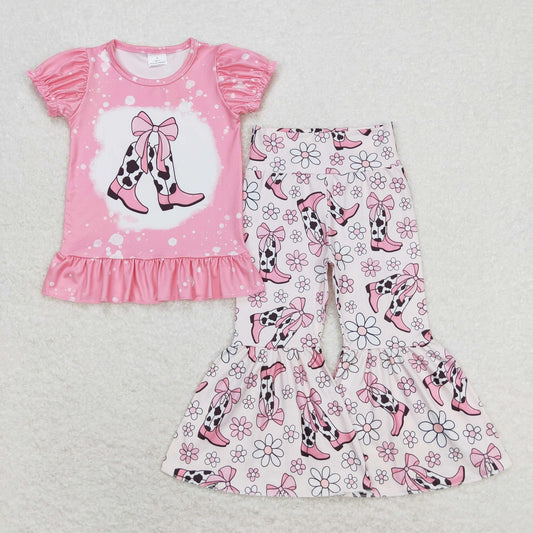 Baby Girl Pink Short Sleeves Shirt Boots Floral Bell Pants Western Set