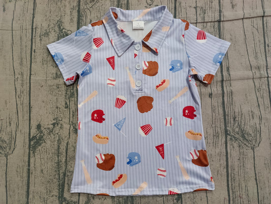 ( No moq ) Preorder Baby Boys Short Sleeves Baseball Buttons Blue Stripes Shirt Tops