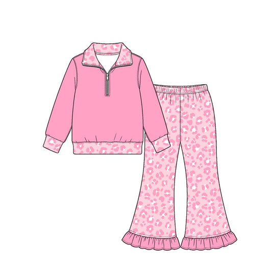 ( Moq 5 ) Preorder Baby Girls Kids Long Sleeves Orange Shirt Pink Leopard Ruffle Pants Set Clothes