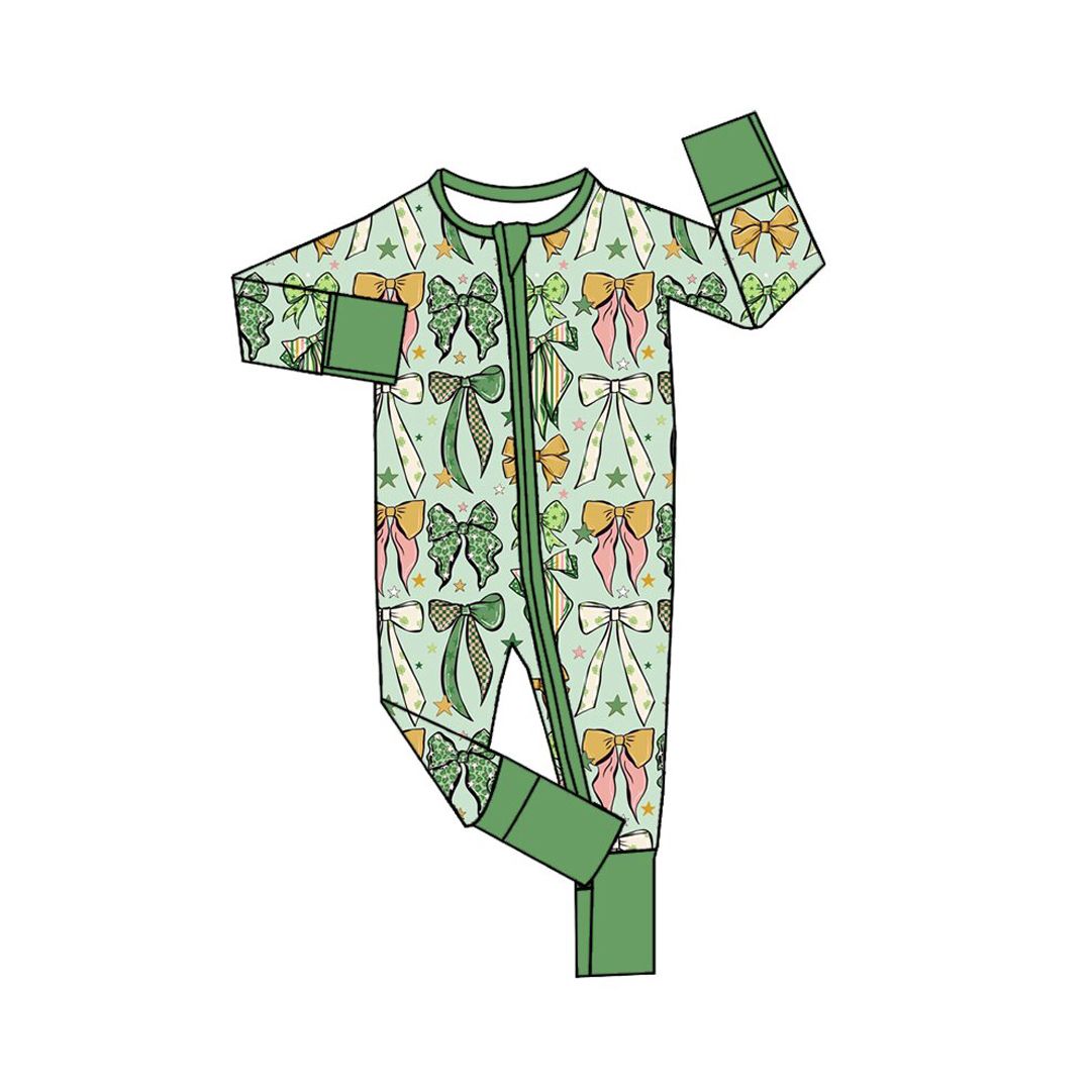 ( Moq 5 ) Preorder Baby Girls Kids Bows Zipper Footie Romper St. Patrick Green Clothes