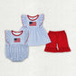 Baby Girl Short Sleeves Embroidery Flags Blue Plaid Sibling Romper Set Clothes RTS