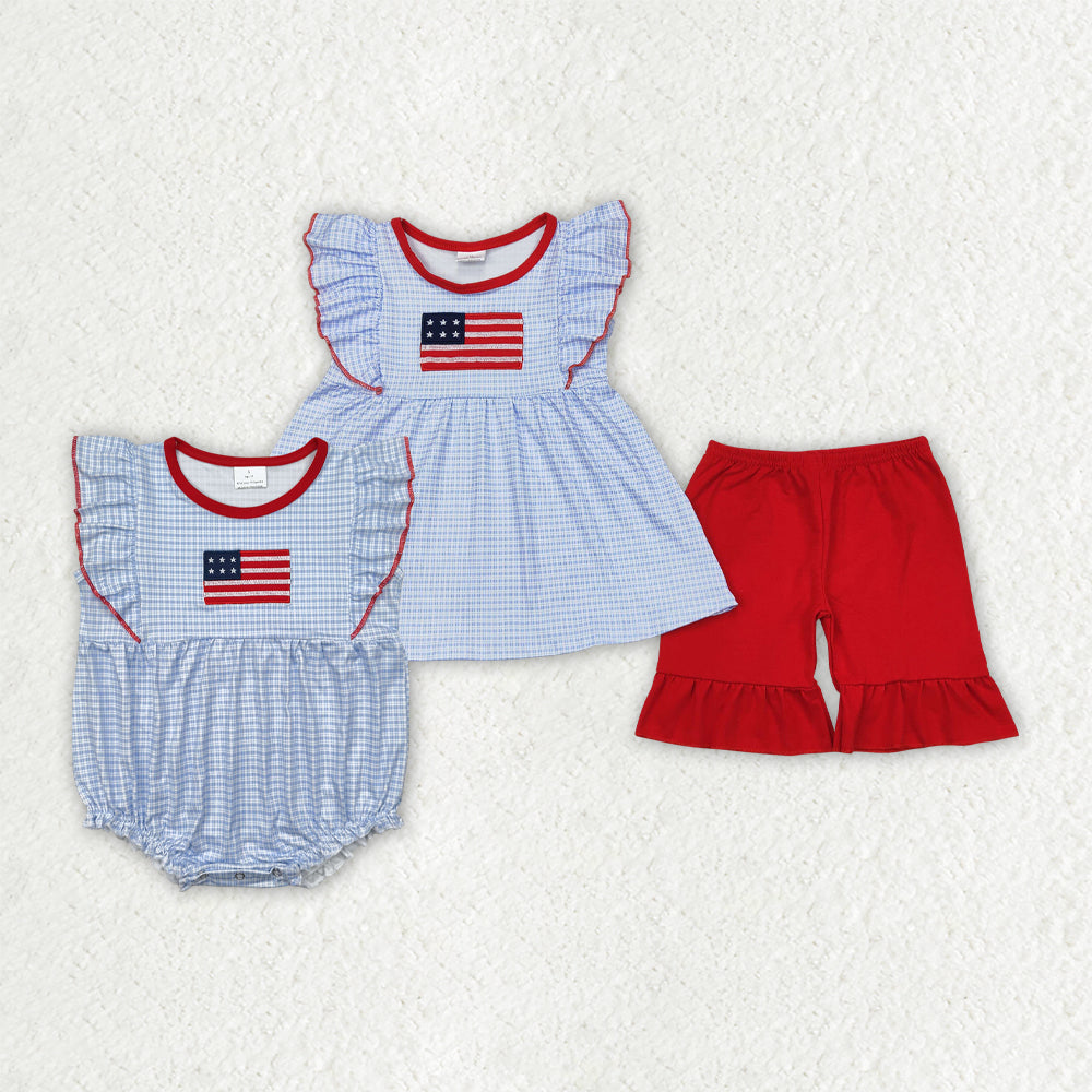 Baby Girl Short Sleeves Embroidery Flags Blue Plaid Sibling Romper Set Clothes RTS