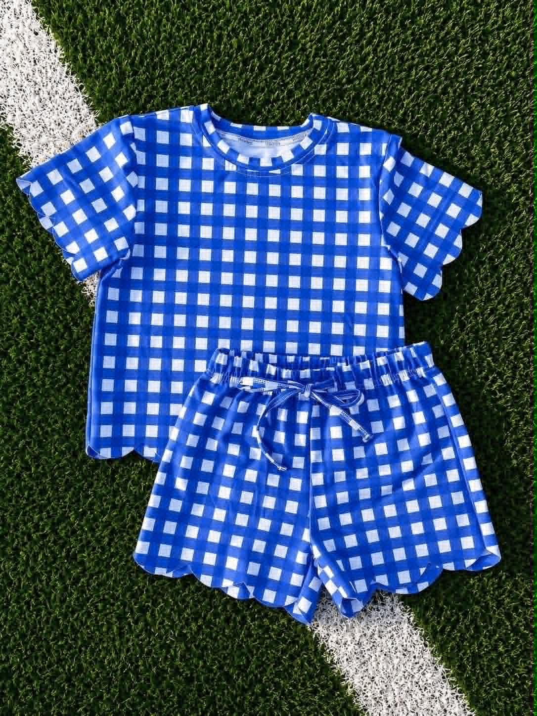 ( Moq 5 ) Preorder Baby Girls Kids Short Sleeves Blue Plaid Shirt Scallop Shorts Set Clothes