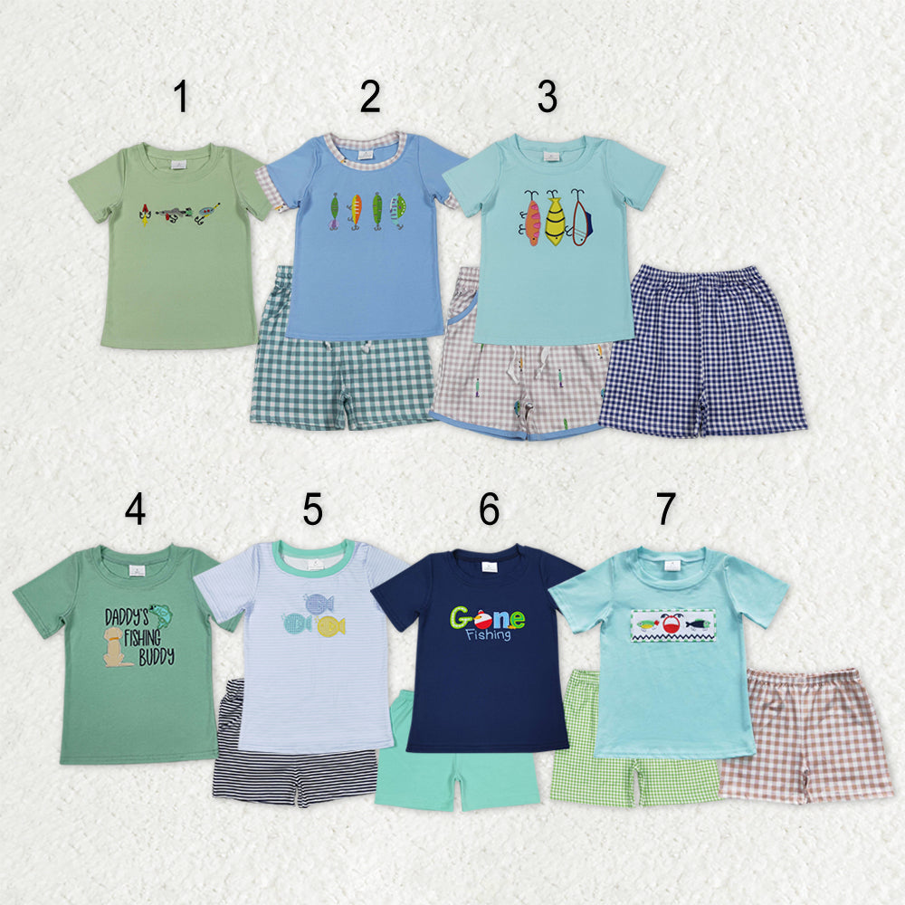 Sibling Baby Boys Kids Short Sleeves Embroidery Fishing Shirts Shorts Clothes Sets RTS