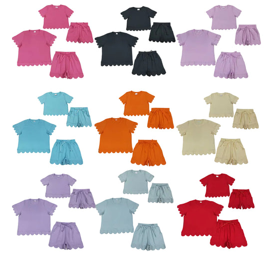 Sibling Baby Girls Adult Women Short Sleeves Shirts Pockets Shorts Scallop Sets Clothes RTS
