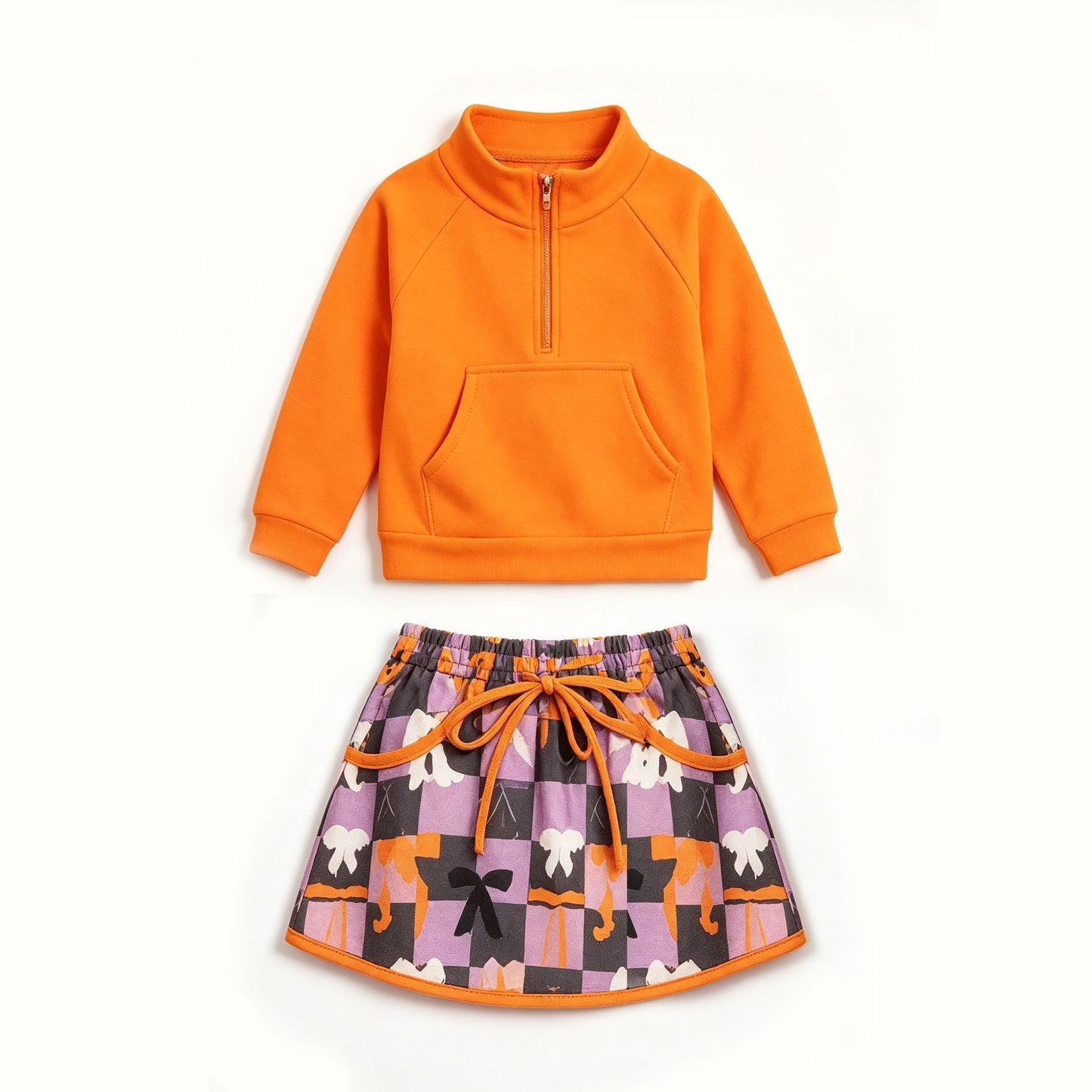 ( Moq 5 ) Preorder Baby Girls Kids Zipper Orange Shirt Bows Pockets Skirt Shorts Halloween Set Yoga Active Clothes