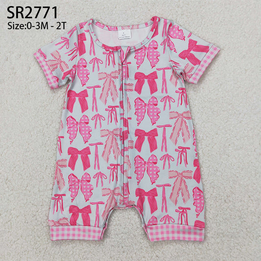 Baby Girl Infant Short Sleeves Pink Bows Zipper Romper RTS