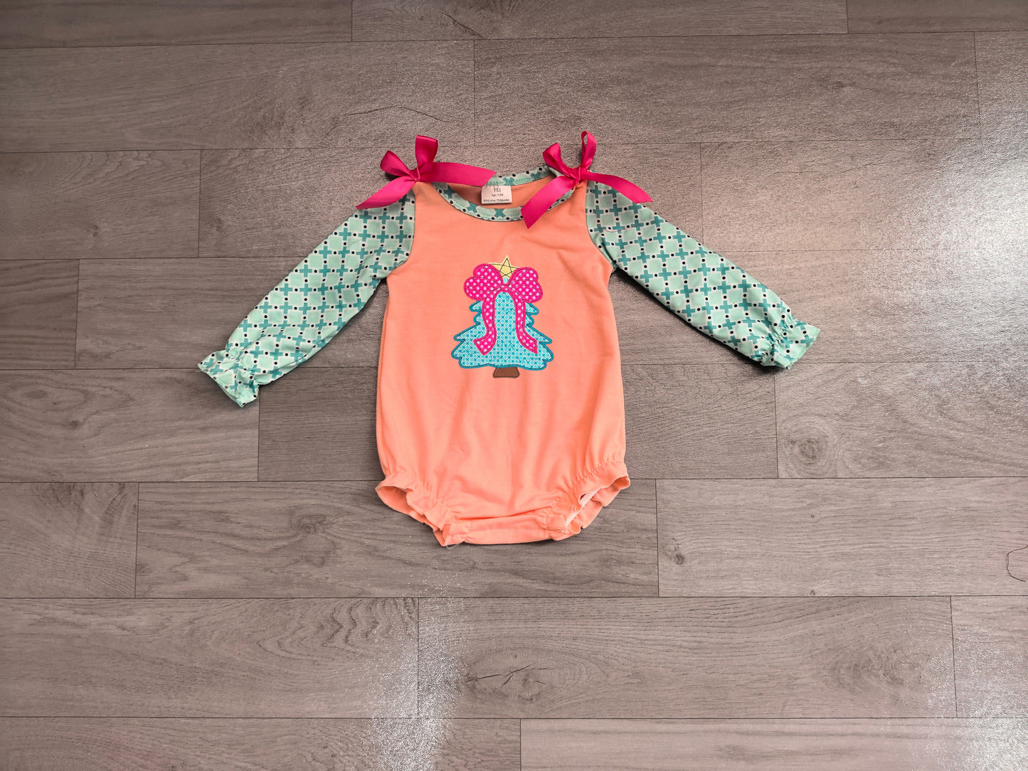 ( No moq ) Preorder Baby Girls Infant Embroidery Bow Tree Christmas Bubble Romper Clothes