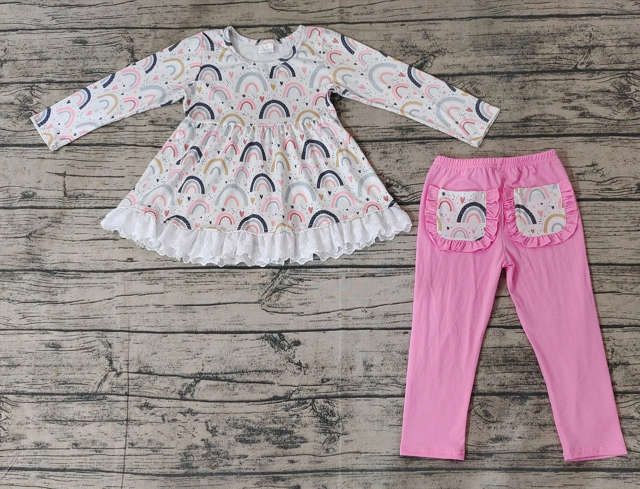 Baby Girl Long Sleeves Rainbow Hearts Tunic Pink Cotton Pants Valentine Set