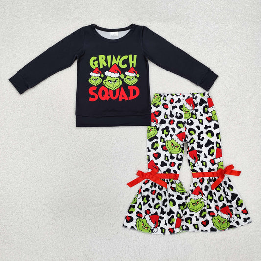 Baby Girl Long Sleeves Christmas Face Black Shirt Leopard Bell Pants Clothes Set