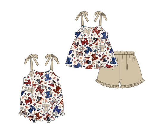 ( Moq 5 Each Style ) Sibling Baby Girls Kids 4th of July Tops Shorts Set Romper