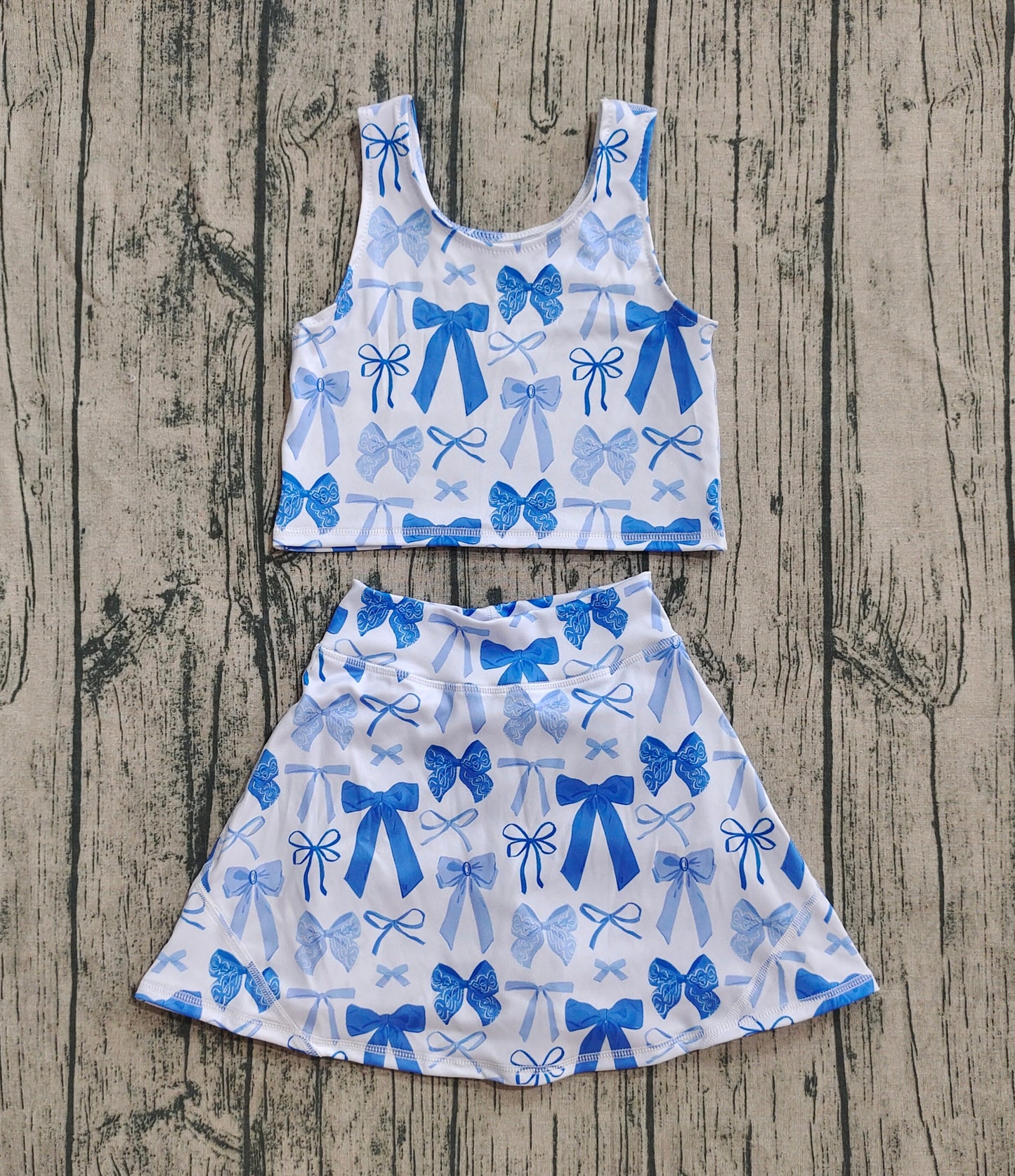 Baby Girl Sleeveless Blue Bows Vest Tops Skort Yoga Active Set RTS