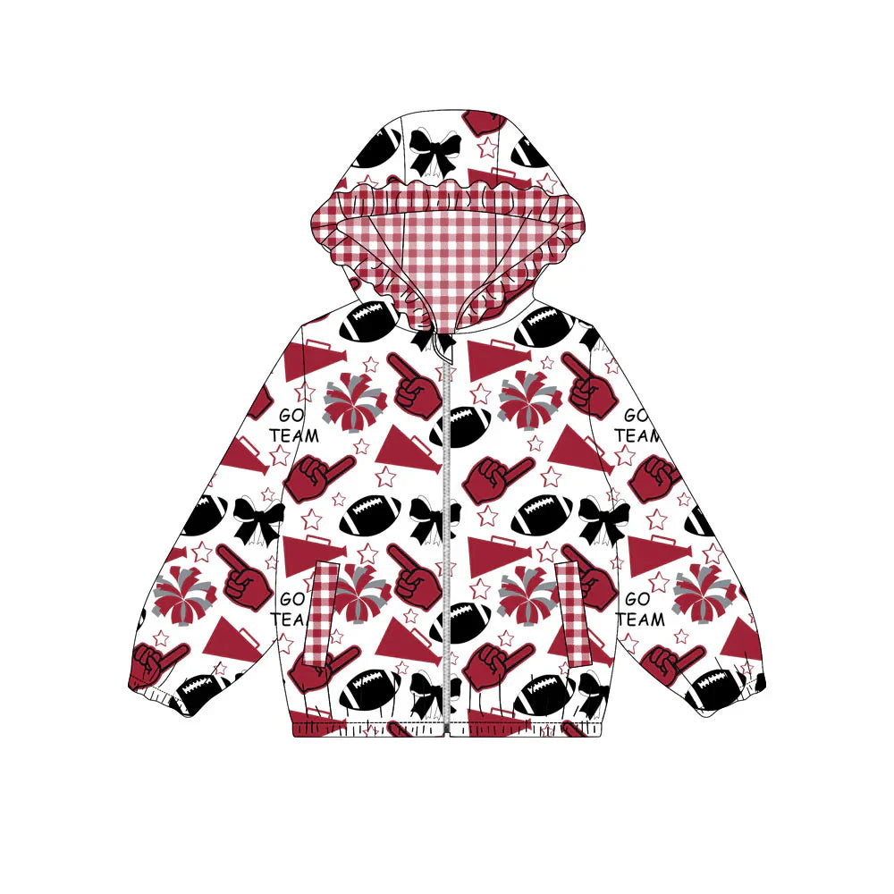 ( Moq 5 ) Baby Girls Kids Bows Cheer Pockets Red Plaid Hoodie Zipper Football Jacket Tops