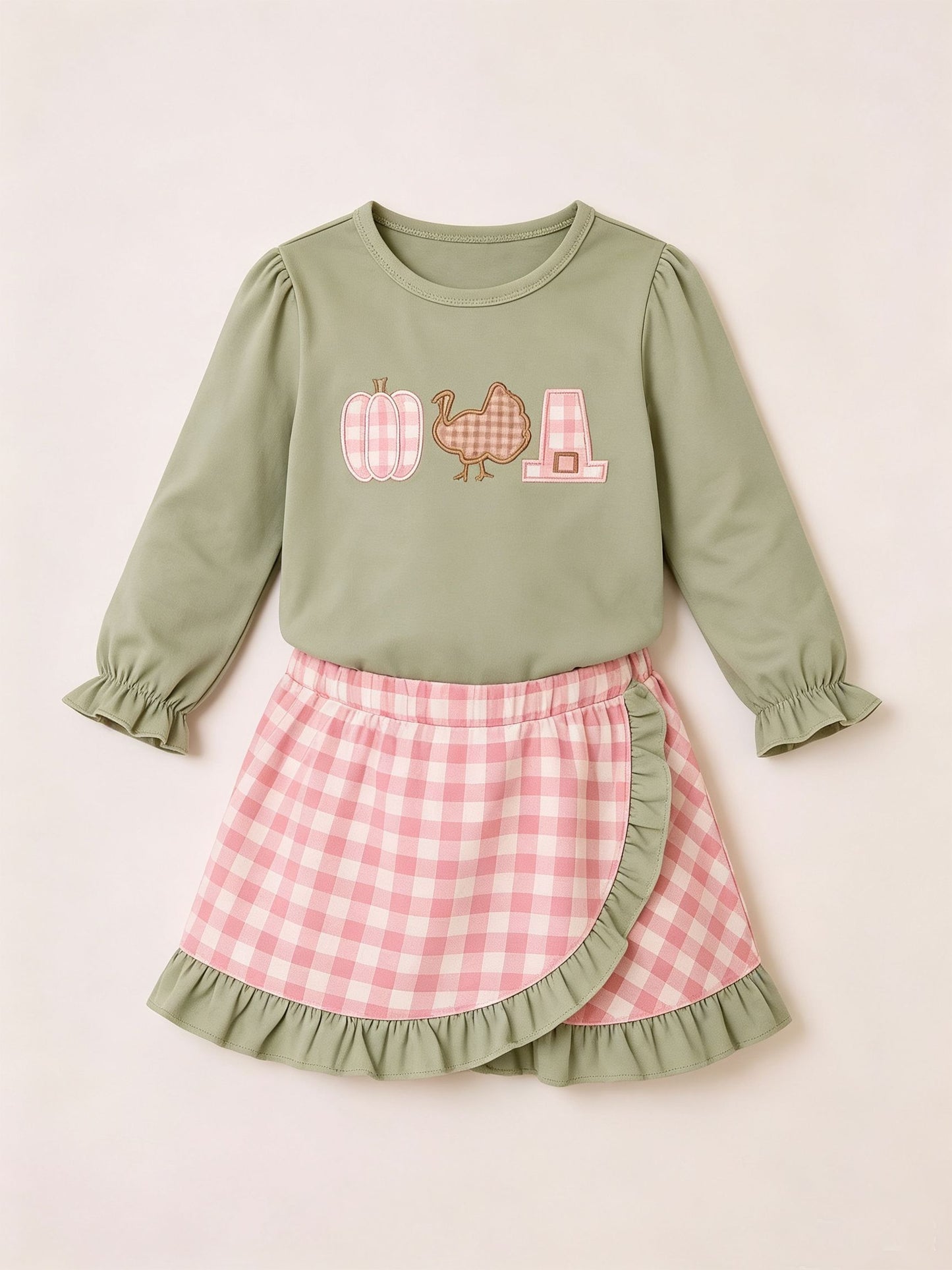 ( Moq 5 ) Preorder Baby Girls Kids Pumpkin turkey Shirt Plaid Ruffle Skirt Shorts Thanksgiving Set Clothes