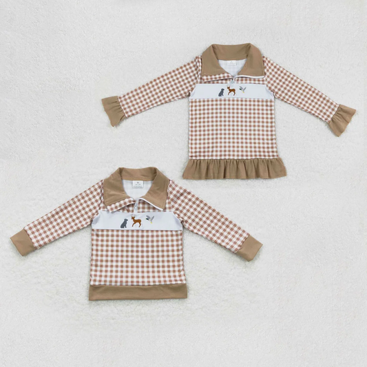 Sibling Boys Girls Long Sleeves Embroidery Dogs Ducks Deer Plaid Zipper Pullovers Tops